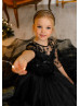 Black Lace Tulle Wedding Party Flower Girl Dress With Train